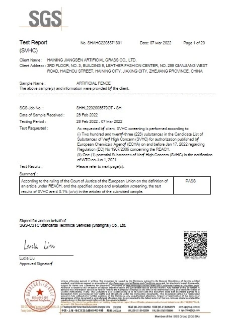 Reach Test Certification for Synthetic Turf Roll - SGS Test Report